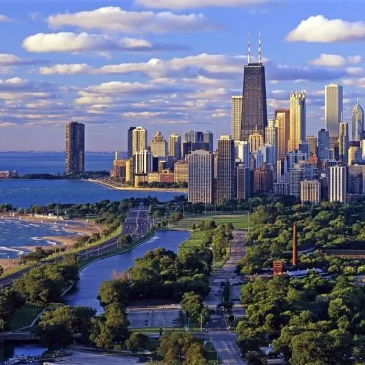 A view of the chicago skyline from above.