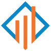 A blue and orange logo with an arrow in the middle.